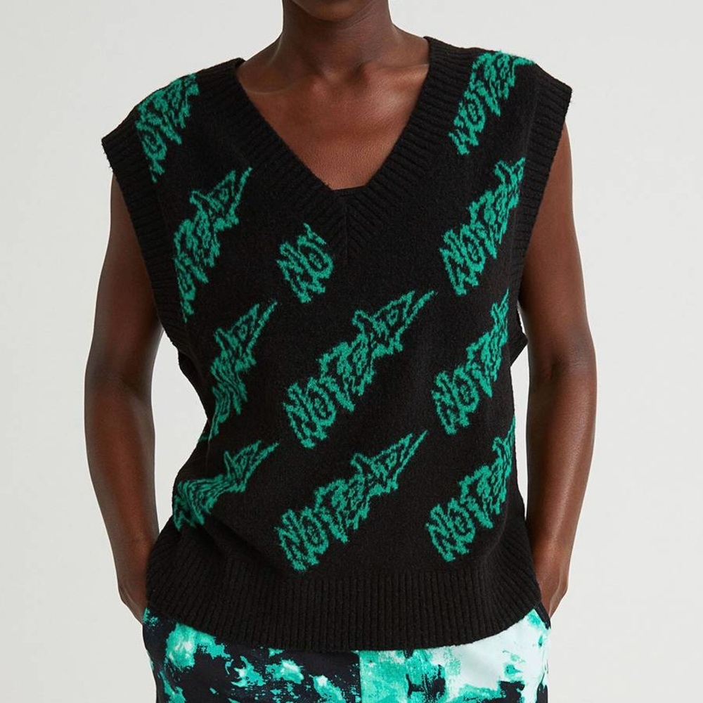 New No Fear x H&M Oversized V-Neck Sweater Vest Black Green Logo Size Medium